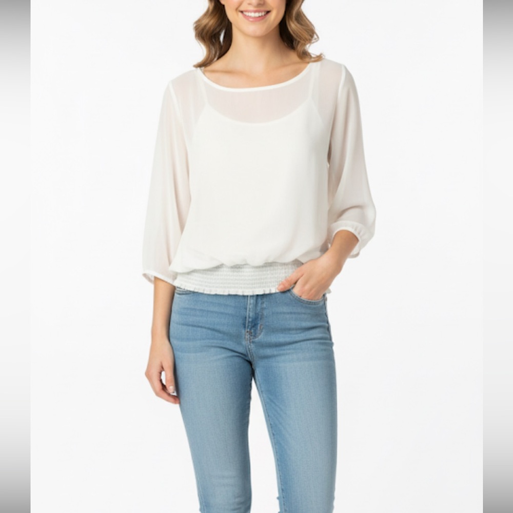 AB Studio Ivory 3/4 ruched sleeves lace top size L